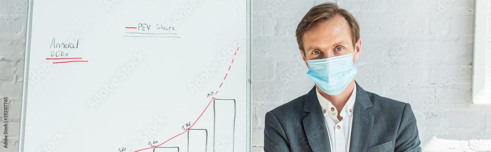 Businessman in medical mask looking at camera, while standing near flipchart with graph, banner Businessman in medical mask looking at camera, while standing near flipchart with graph, banner