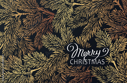 Christmas Poster on black. Vector illustration with golden Christmas branches on dark background