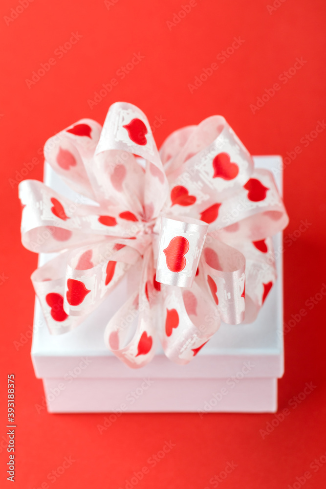 White Gift Box Bow Red Background Valentine's Day Present