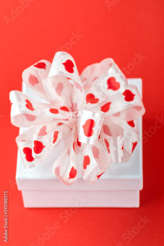 White Gift Box Bow Red Background Valentine's Day Present