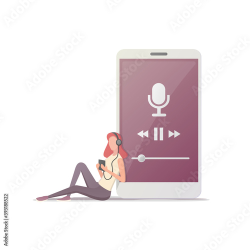 Podcast concept. Young woman with headset listening to music. Flat vector illustration. Online podcasting show, radio.