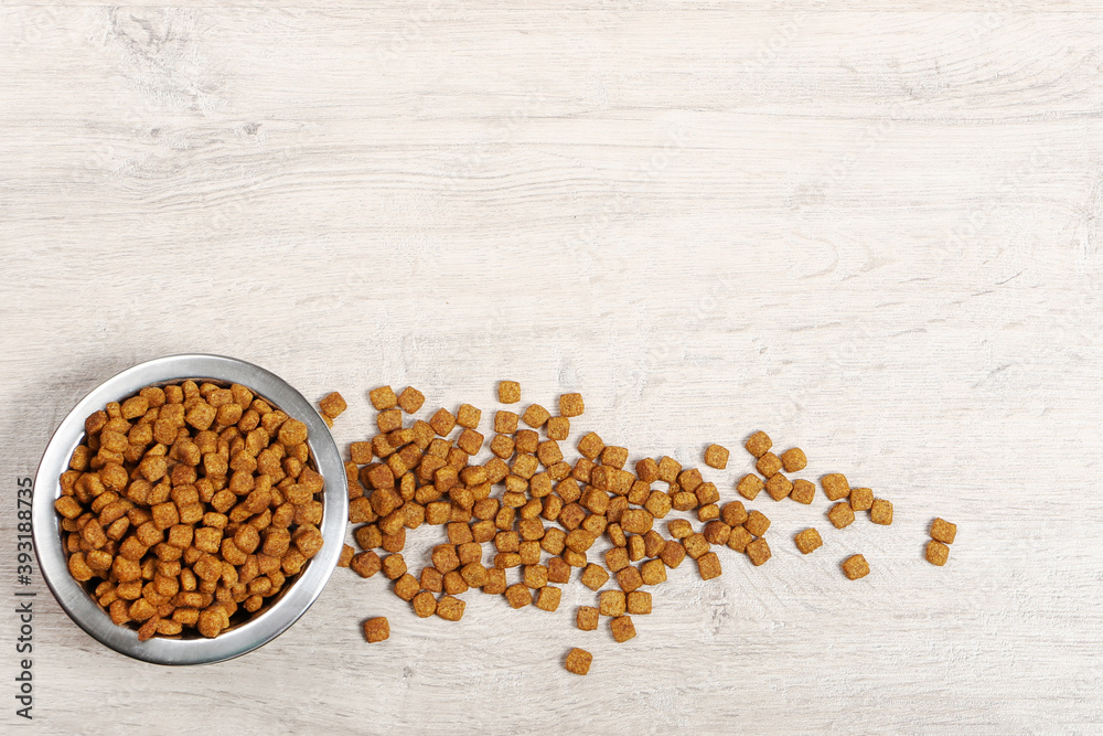 Dry pet food in bowl on the floor Dry pet food in bowl on the floor