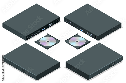 Isometric Blue-ray player with a disk, isolated. DVD player ejecting disc with remote control isolated on white background