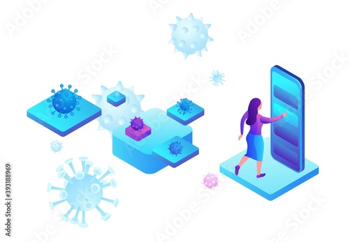 People apply for a test, Covid-19 lab,  Coronavirus medical research, patient in face mask, getting tested in the laboratory, isometric vector illustration isolated on white background