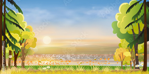 Vector Spring fields landscape with sun rising on the lake with orange, pink and blue sky, Beautiful natural countryside in summer morning by the sea with bright light from sun and reflection on water