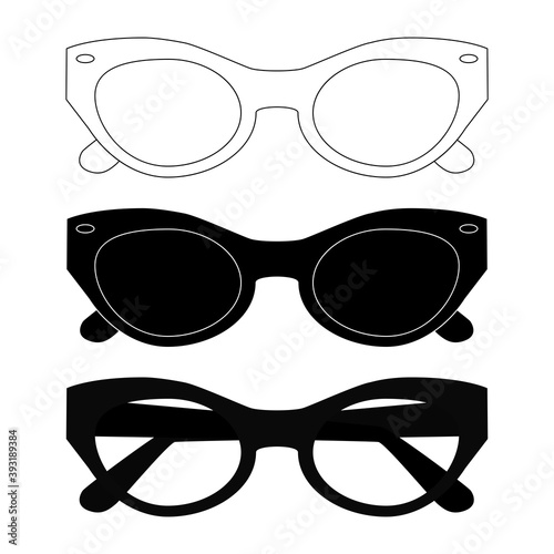 Black sunglasses set. Flat sunglasses symbol on white background. Modern style glasses rim silhouette. Stylish male and female optical accessories. Shade icons. Vector