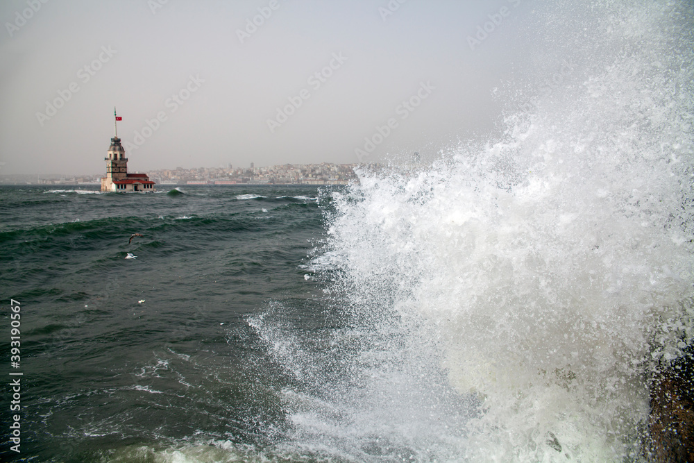 southwest wind storm with waves in Istanbul,Turkey