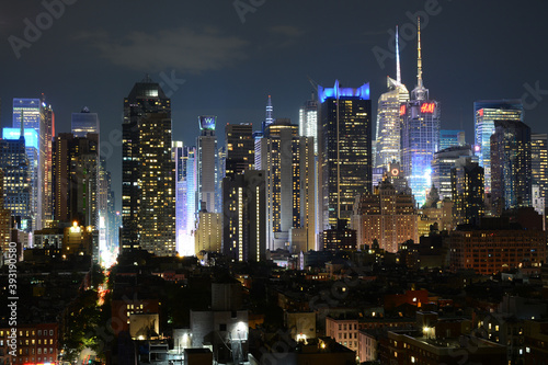 New York  NY  USA - June 29  2019  Night Manhattan view from The Press Lounge