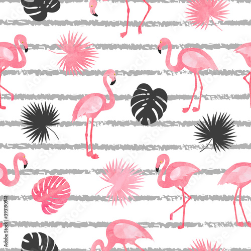 Seamless watercolor flamingo bird pattern. Vector tropical background with flamingos and leaves.