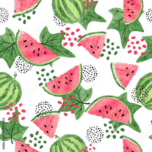 Watercolor watermelons pattern. Seamless summer vector background.