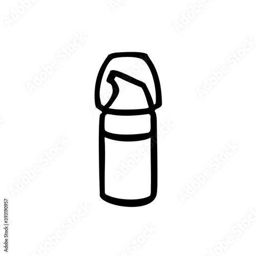 Cosmetic bottle with dispenser for hair or skin care product. Hand drawn continuous line design for simple logo, icon or emblem