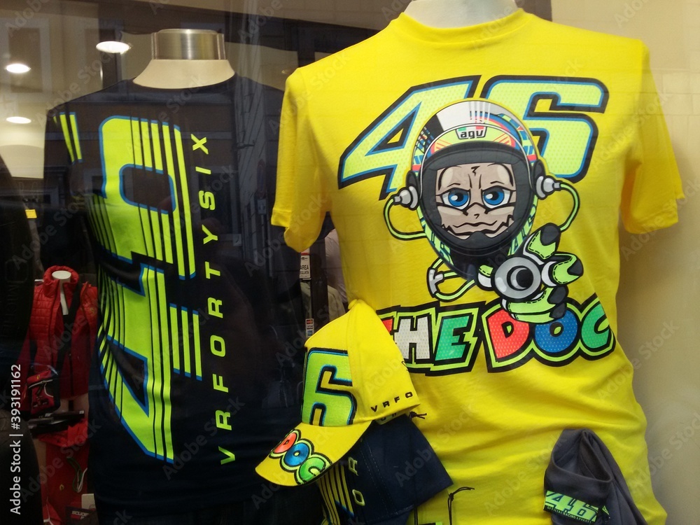 VR46 t-shirt in the shop window - Valentino Rossi. Stock Photo | Adobe Stock