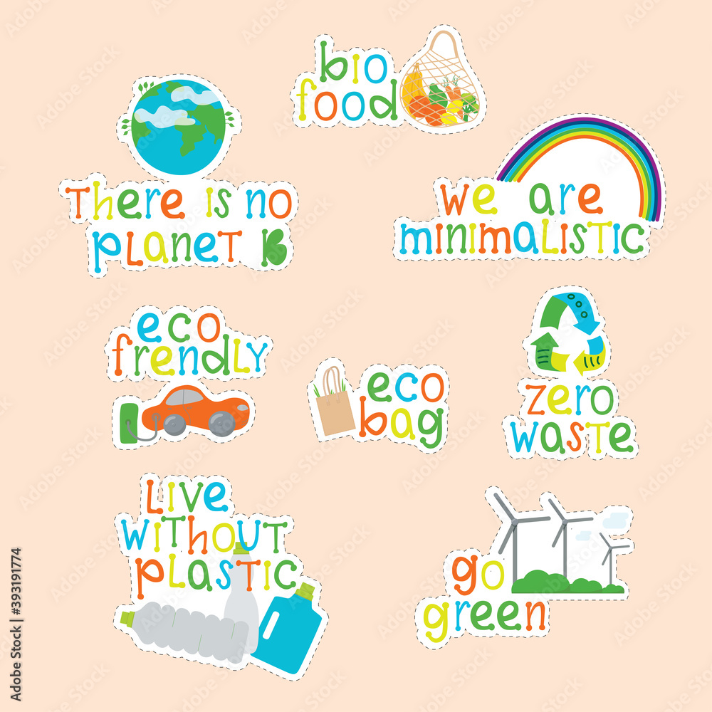 Eco lettering guotes on stickers set. Zero waste, live without plastis, eco bag, eco frendly, go green, we are minimalistic. Hand writing sign set isolated on background. Vector stock illustration.