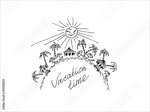 Globe map with a place to rest, a sandy beach by the sea, umbrellas and a hut. Paradise on the island. Vector graphics.