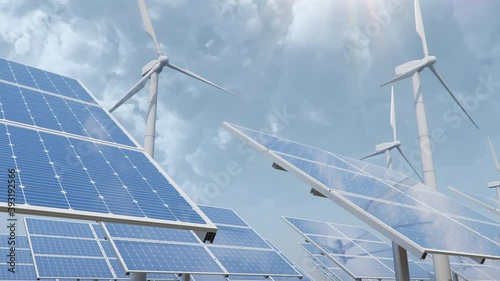Solar panels and Wind turbines on the background of the desert, blue sky. Concept of clean energy, green energy, renewable energy, alternative energy. Photovoltaic panel. Loop seamless 4K 3D animation