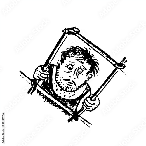 Portrait, a sad man looks out the window from behind a metal grill. Vector drawing.