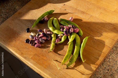 Foto Heirloom scarlet runner beans and pods on light wooden cutting board