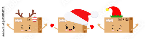 Chistmas funny parcel box character icon set isolated on white background. Courier and post delivery xmas cute package mascot in santa hat, deer horns, elf cap. Flat design cartoon vector illustration
