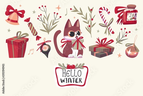 Christmas or New Year Card With Cute Christmas Characters And Objects.