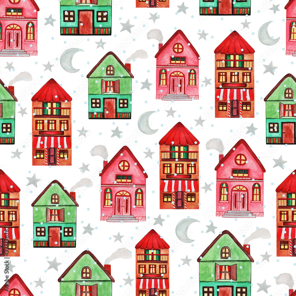 Hand drawn watercolor seamless pattern of different size, color, type houses, snowflake, star, moon, snow. New Year and Christmas illustration for greeting card, invitation, wallpaper, wrapping paper