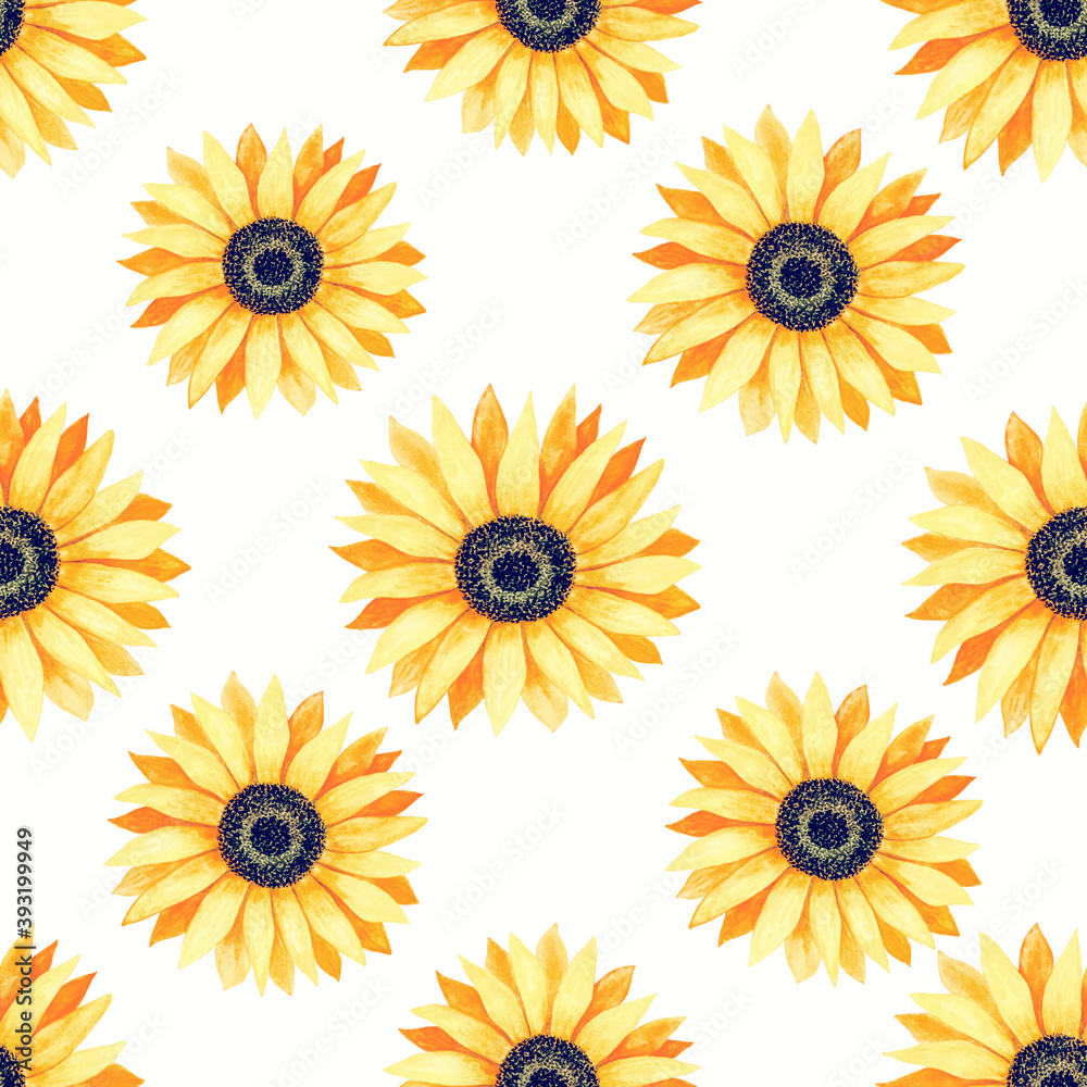 Hand drawn seamless pattern of yellow blooming sunflowers. Bright sunny flowers. Decorative colorful autumn watercolor illustration for design card, invitation, wallpaper, wrapping paper, fabric Hand drawn seamless pattern of yellow blooming sunflowers. Bright sunny flowers. Decorative colorful autumn watercolor illustration for design card, invitation, wallpaper, wrapping paper, fabric