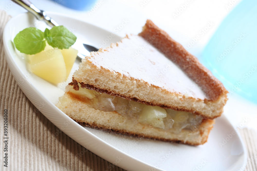Close up of apple pie on white plate