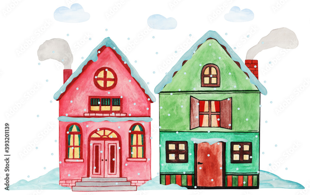 Hand drawn watercolor composition of different houses with a chimney on the roof, cloud, snow. Isolated on white background. New Year and Christmas town illustration for greeting card, invitation