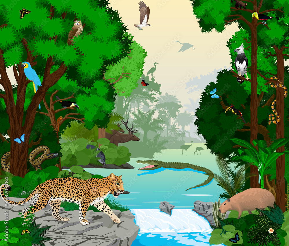 Fototapeta premium Rainforest river with animals vector illustration. Vector Green Tropical Forest jungle with parrots, jaguar, boa, peccary, Capybara, osprey, harpy, monkey, deer, toucan, anaconda and butterflies.