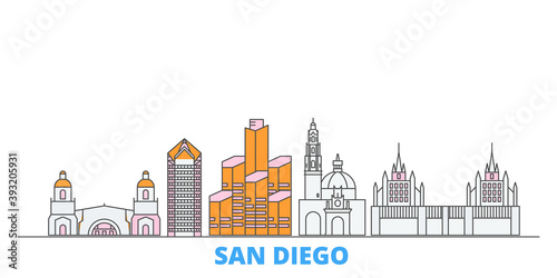 United States, San Diego cityscape line vector. Travel flat city landmark, oultine illustration, line world icons