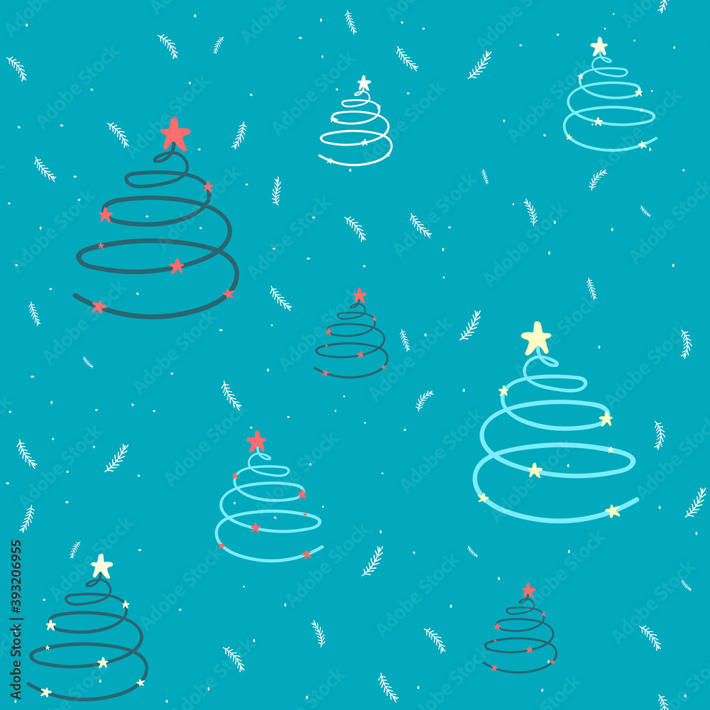 Winter graphic seamless pattern with doodle christmas trees. Hand drawn vector illustration on blue. Wrapping paper Christmas.
