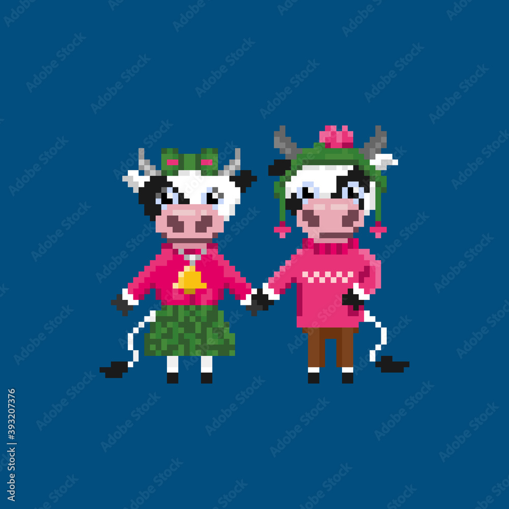 Cow pixel art on white background. Pixel cows in cute suits. Symbol of 2021.