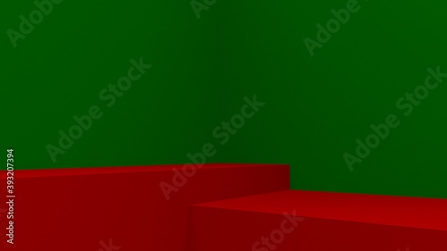 Red podiums on a green background. Display stands for goods. 3d render.