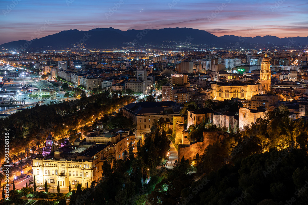 beautiful view of the city of Malaga from a viewpoint at dusk