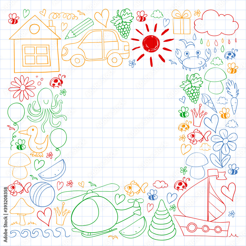 Vector kindergarten pattern with helicopter, house, toys, ship. Boys and girls online education.