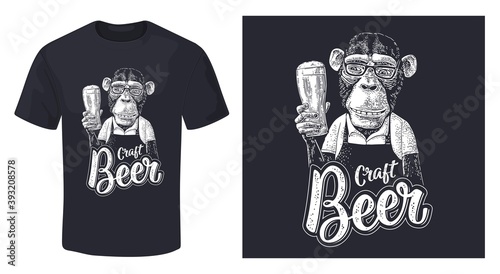 Monkey dressed apron hold beer glass. Vintage black engraving