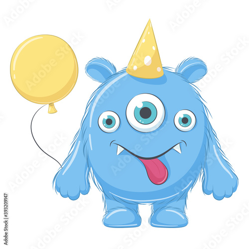 Cute monster with balloon. Happy birthday clipart