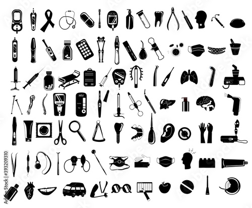92 black and white medical icons.Dentistry service and orthodontic instruments.Gynecology and contraception.Respiratory diseases and prophylactic.Osteoporosis,bone fractures,ambulance and first aid