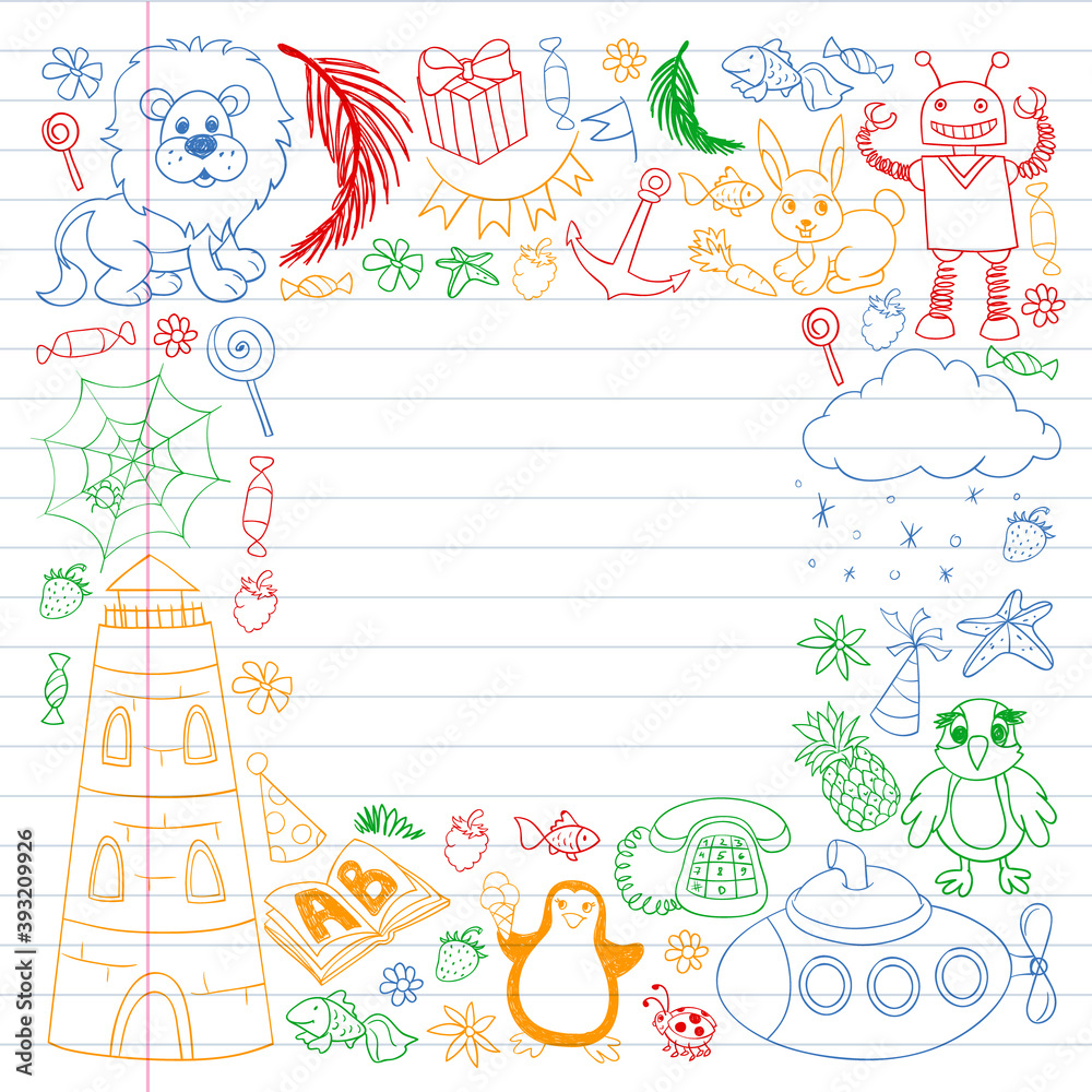 Vector kindergarten pattern with animals and toys. Illustration for little boys and girls. Vector kindergarten pattern with animals and toys. Illustration for little boys and girls.