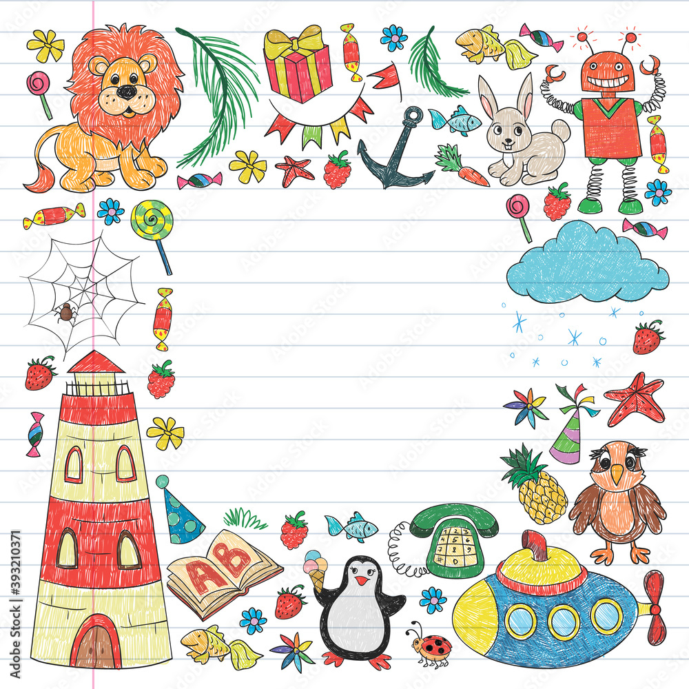 Vector kindergarten pattern with animals and toys. Illustration for little boys and girls.