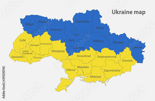 Map of the Ukraine in the colors of the flag with administrative divisions vector