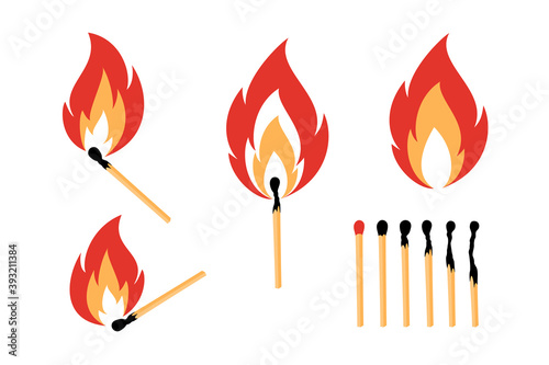 Set of burning and burned safety matches and fire flames. Vector illustration