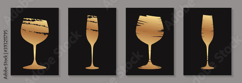 Modern abstract luxury card templates for wine tasting invitation or bar and restaurant menu or banner or logo with golden glasses in grunge style on a black background.