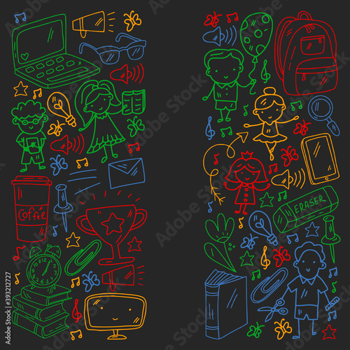 Vector pattern with items for school. Online internet education  e-learning.