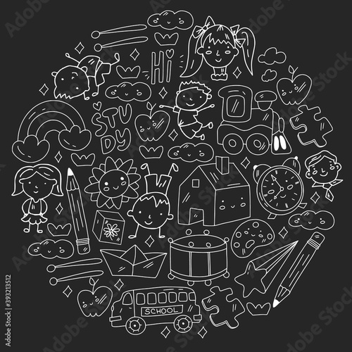 Wallpaper Mural Vector pattern. School and online education. Little boys and girls play and grow together. Torontodigital.ca