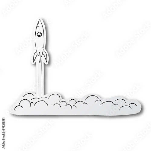 Vector illustration black line hand drawn of rocket launching in the sky flying over clouds on cut paper with shadow isolated on white background. Startup business concept.