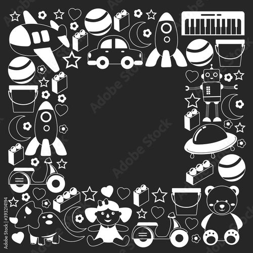 Vector pattern with the collection of toys. Doll  submarine  plane  ship. Children and kindergarten illustration.
