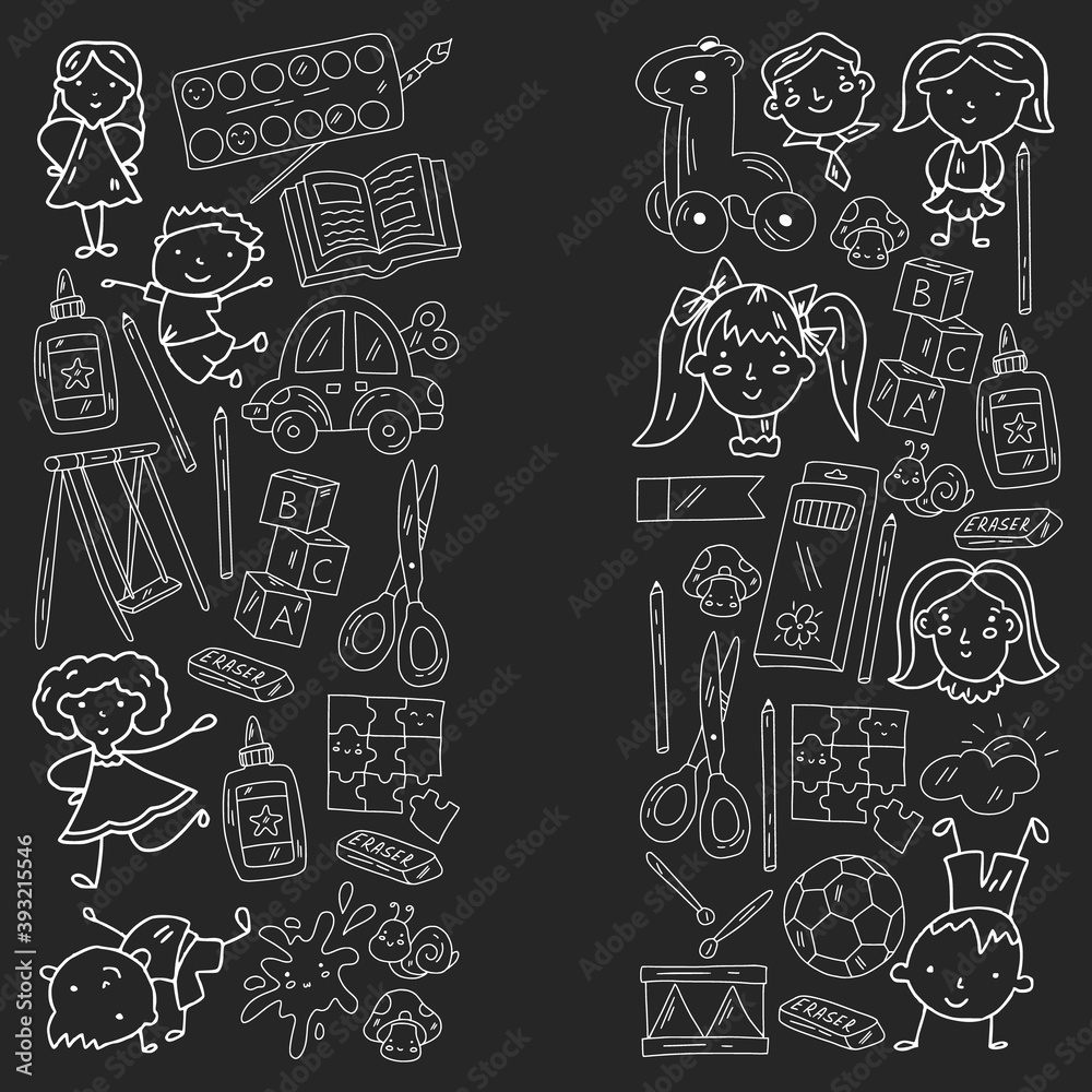 Kindergarten. Vector pattern with toys and small children. Preschool education.