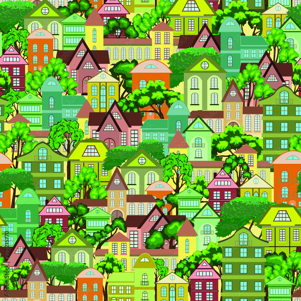 
seamless pattern in the form of a city with the image of houses and trees