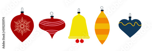 Christmas tree decorations isolated on white background vector flat illustration set. Set of design elements for greeting cards, New Year banners. Winter Holidays and Celebrations concept.