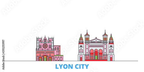 France, Lyon City cityscape line vector. Travel flat city landmark, oultine illustration, line world icons